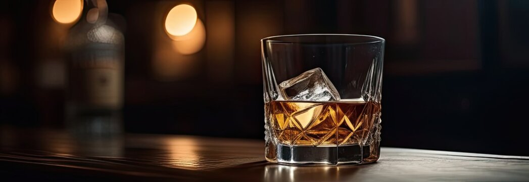 Single whiskey glass with ice, elegant bar lighting, premium alcohol scene, strong drink background, copy space.