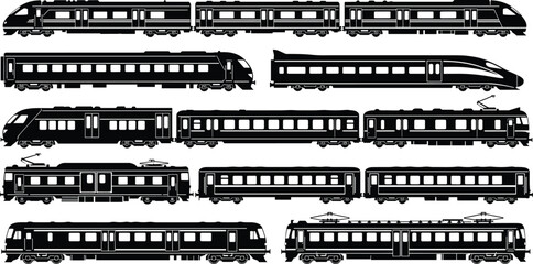 Train silhouette collection, modern passenger and high speed railway carriages isolated on white background transportation illustration set design © Hanif World