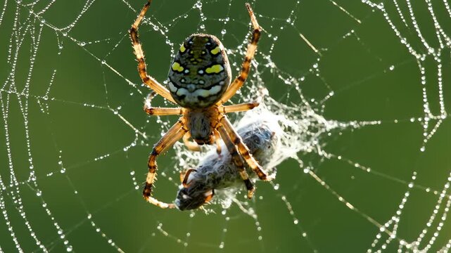 Colorful Spider on Dew Covered Web with Captured Prey Insect