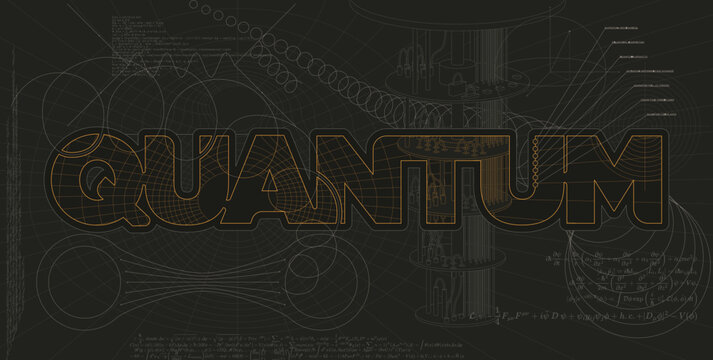 Quantum word against a background representing formulas and technological elements.