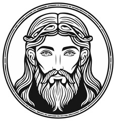 Illustration of religious figure with long hair and beard in circular frame