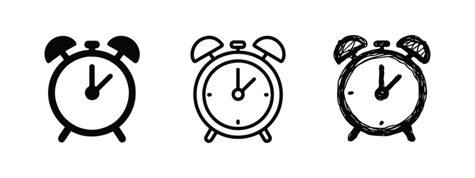 Hand-drawn Alarm Clock Icons Set with Different Styles for Time and Schedule Management