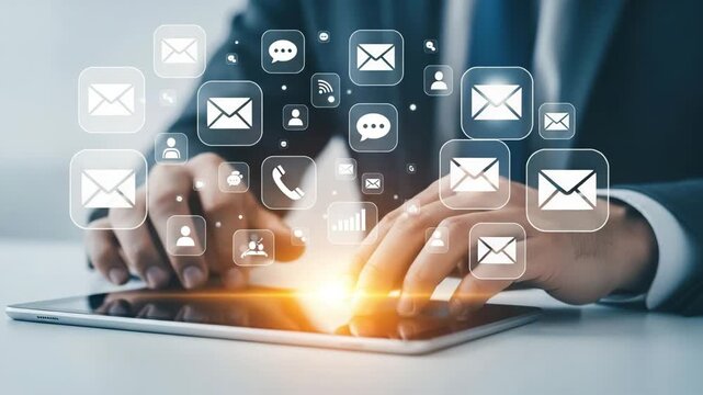 Person using a tablet with social media and communication icons floating above motion animated video 4k.
