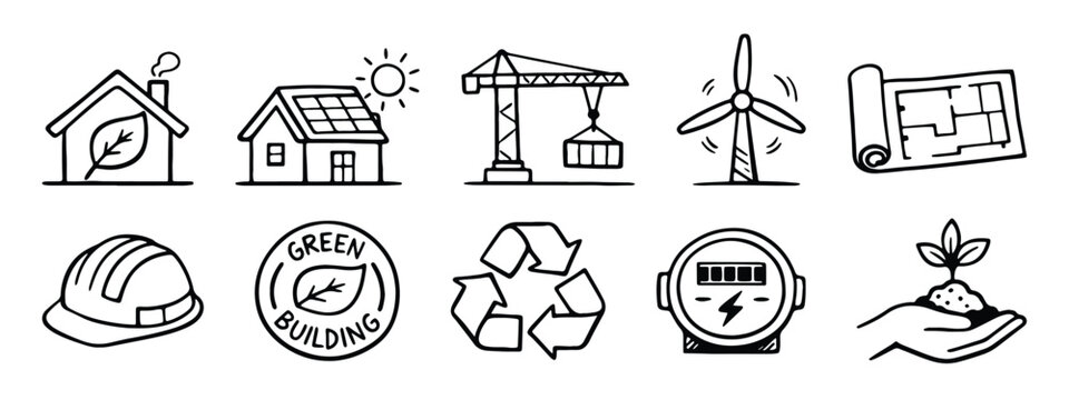 Hand-drawn set of green building and sustainable energy icons on a white background.