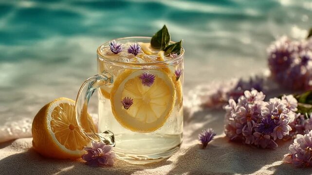 Refreshing lemonade with flowers by a serene poolside