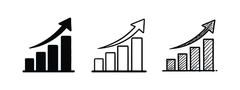 Business Growth Bar Chart Icons with Upward Arrow in Different Styles