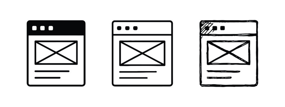 Browser window with broken image placeholder icon in three styles. Vector illustration of web error, UI/UX design, or missing content.