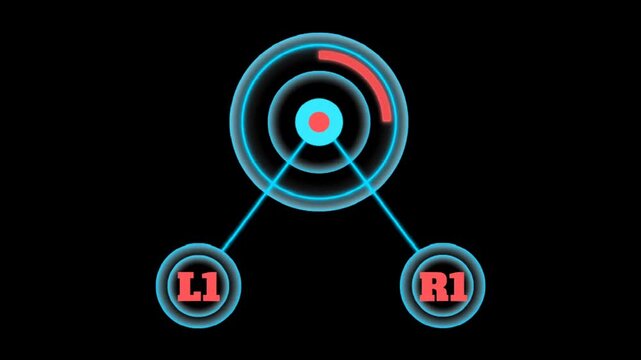 Futuristic radar interface with L1 and R1 controls glowing neon circular scan animation on dark background for gaming HUD