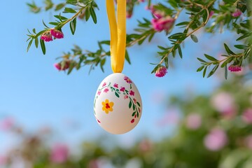 A decorated eggshell hangs from a green branch on a sunny day