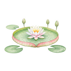 Delicate water lily in bloom on lily pad, stylized symmetrical aquatic illustration.