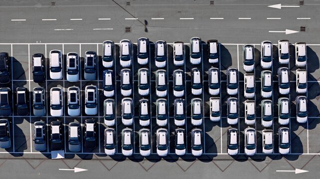 Aerial view of neatly arranged rows of cars in a parking lot, light reflecting off their roofs, casting long shadows on the asphalt, Civitavecchia, Lazio, Italy.