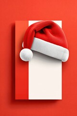 Fototapeta premium Festive Santa hat rests on a white card against a bold red background for Christmas branding