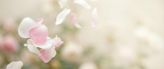 Fototapeta premium Pink rose petals floating and falling gently in the air. Romantic floral concept for spring themes, valentines day and international womens day celebrations.