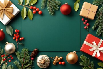 Fototapeta premium Christmas themed green background with presents, branches, and ornaments for festive design and space for text
