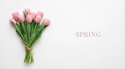 Bundle of pink tulips tied with twine on white surface. Top view flat lay of fresh spring flowers. Seasonal concept for womens day valentine and spring greetings