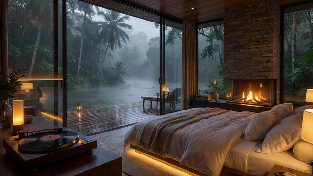 Rain falls gently outside a modern bedroom in a tropical setting at night with a warm fireplace shining bright