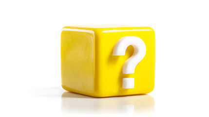 Vibrant Yellow Cube with White Question Mark on Reflective White Surface, Symbolizing Mystery, Inquiry, Decision, and Unknown Possibility