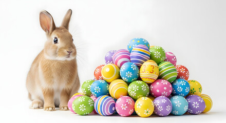 A cute bunny standing beside a large pile of colorful easter eggs on a white background.