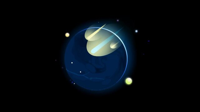 meteor shower hitting planet in space glowing animation dark background seamless loop cosmic impact scene