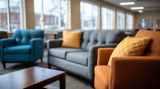 Community center interior common area with comfortable seating and natural lighting public gathering space multipurpose room civic facility bright windows modern design