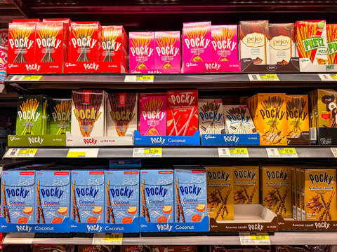 Boxes of Pocky Chocolate Biscuit Sticks on Retail Store Shelf