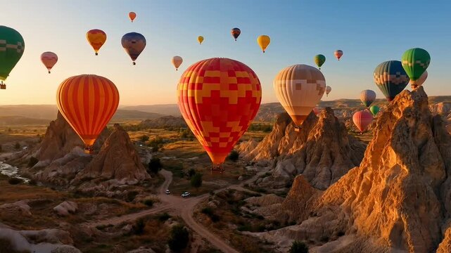 Colorful hot air balloons float gracefully over unique rock formations at sunrise.