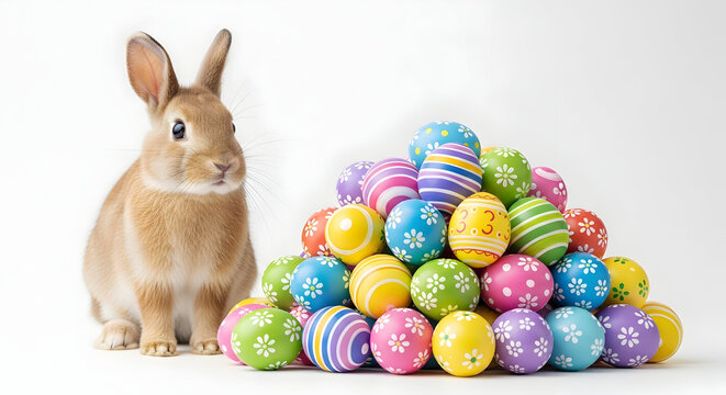 A cute bunny standing beside a large pile of colorful easter eggs on a white background.