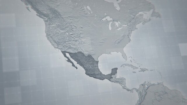 3d map of Mexico, filmed from satellite view showcasing its geography and borders. Ideal for travel, business, or educational projects highlighting Mexican locations