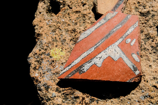Santa Clara Pueblo, New Mexico, United States.  Puye Cliff dwellings. Site of ancient ruins from the 1100's.  Tewa tribe. Old pot sherds.