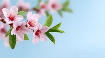 Obraz premium Pink flowers and green leaves showcase the beauty of springtime growth