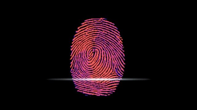 glowing fingerprint biometric scan digital security animation on dark background seamless loop identity verification concept