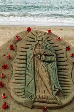 Puerto Vallarta, Mexico. Sand sculpture at the beach of the Virgin Guadalupe. 