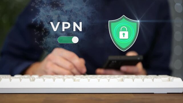Person turning on VPN virtual private network on smartphone for secure encrypted internet connection. Motion graphic overlay. Close-up