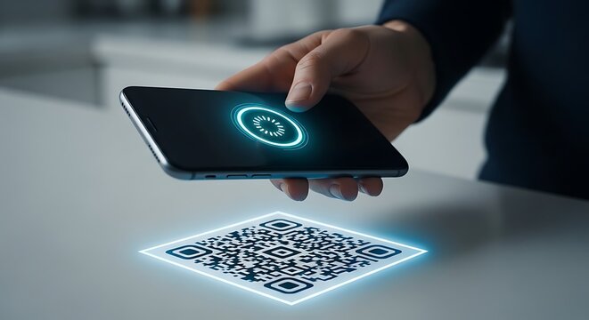 Hand holding smartphone scanning glowing blue Q R code on table technology