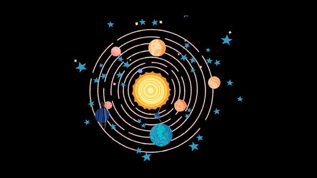 solar system with sun and orbiting planets in space cartoon animation dark background seamless loop astronomy scene