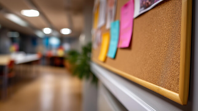Blank poster on corkboard in lively community center with vibrant surroundings bulletin board display public announcements community information space indoor facility
