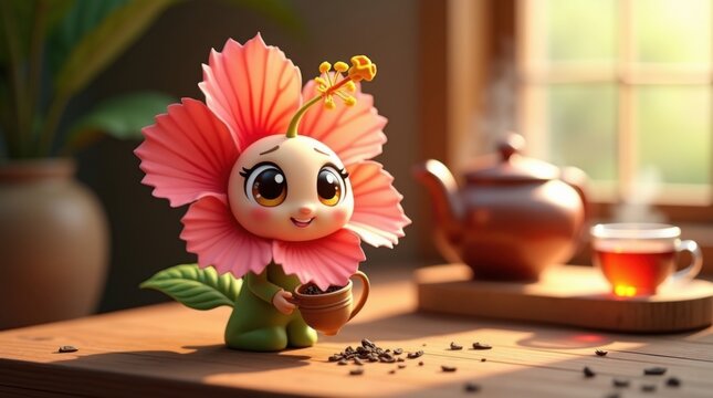 Lindo personaje de flor de hibisco de dibujos animados en 3D