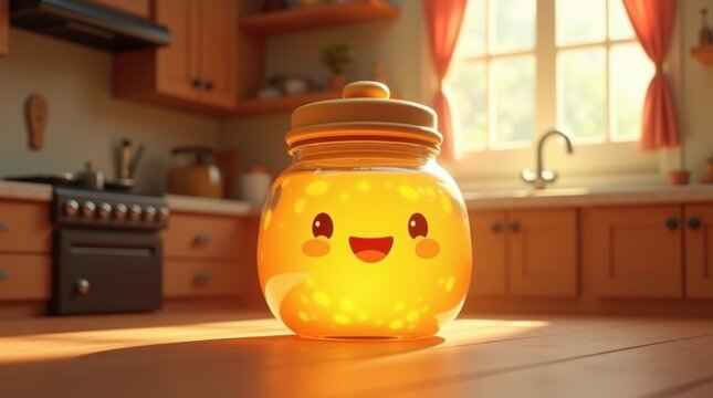 Personaje de tarro de miel de dibujos animados en 3D que irradia un dulce brillo &aacute;mbar en su interior, fondo de cocina acogedor