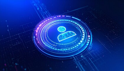 Obraz premium A futuristic illustration of a person icon inside a glowing digital circle, representing data, access, and security. The image is on a dark blue background