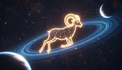 Ram zodiac sign in space with planets and stars. 3D rendering