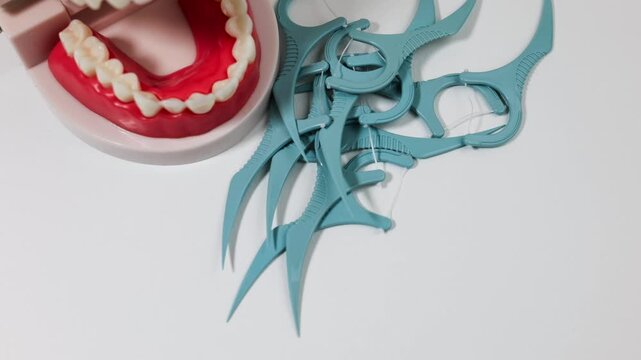 Dental Floss Picks With Teeth Model Showing Oral Hygiene Cleaning Demonstration.