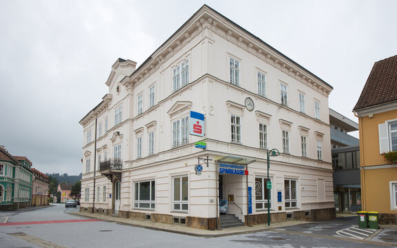 Austria, Styria, Eibiswald - September 27, 2025: The branch of Steierm&auml;rkische Sparkasse is located in a beautiful building in the town center.
