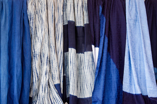 Santa Fe, New Mexico, United States. International Folk Art Market. Indigo dyed textiles from Mali, Africa.