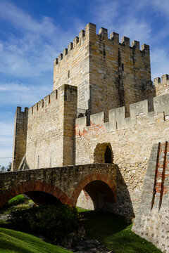 Lisbon, Portugal, Europe. 2/22. Castelo Sao Jorge overlooks the city of Lisbon . The first fortifications were built in 1st century BC. Enrty over the moat