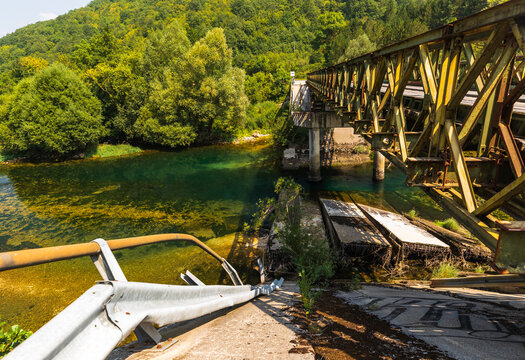Abandoned railway bridge over Una river in Martin Brod, Bosnia and Herzegovina.