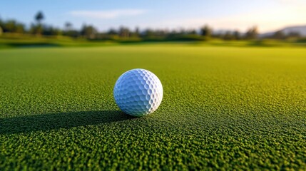 White golf ball positioned on vibrant putting green with smooth texture and clear horizon view, leisure lifestyle concept for brochure cover and advertising layout