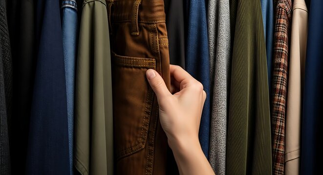 A human hand carefully reaches into a packed closet, pulling out a pair of brown pants from a variety of hanging garments, symbolizing daily outfit selection