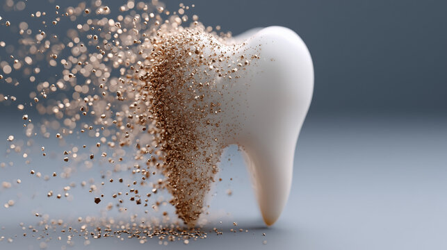 Disintegrating tooth with particles on a grey background  