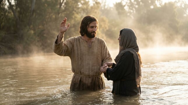 A man baptizes a woman in a river during a religious ceremony. Christian baptism rite for faith and renewal. Holy water ritual.
