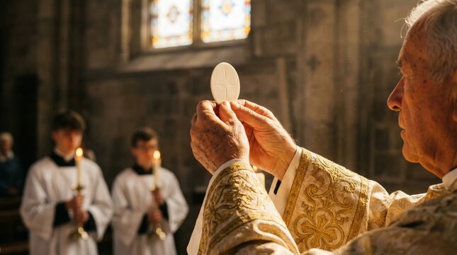 Side view of priest holding host wafer during Catholic Mass sacrament in church. Religious ceremony and Holy Communion concept.